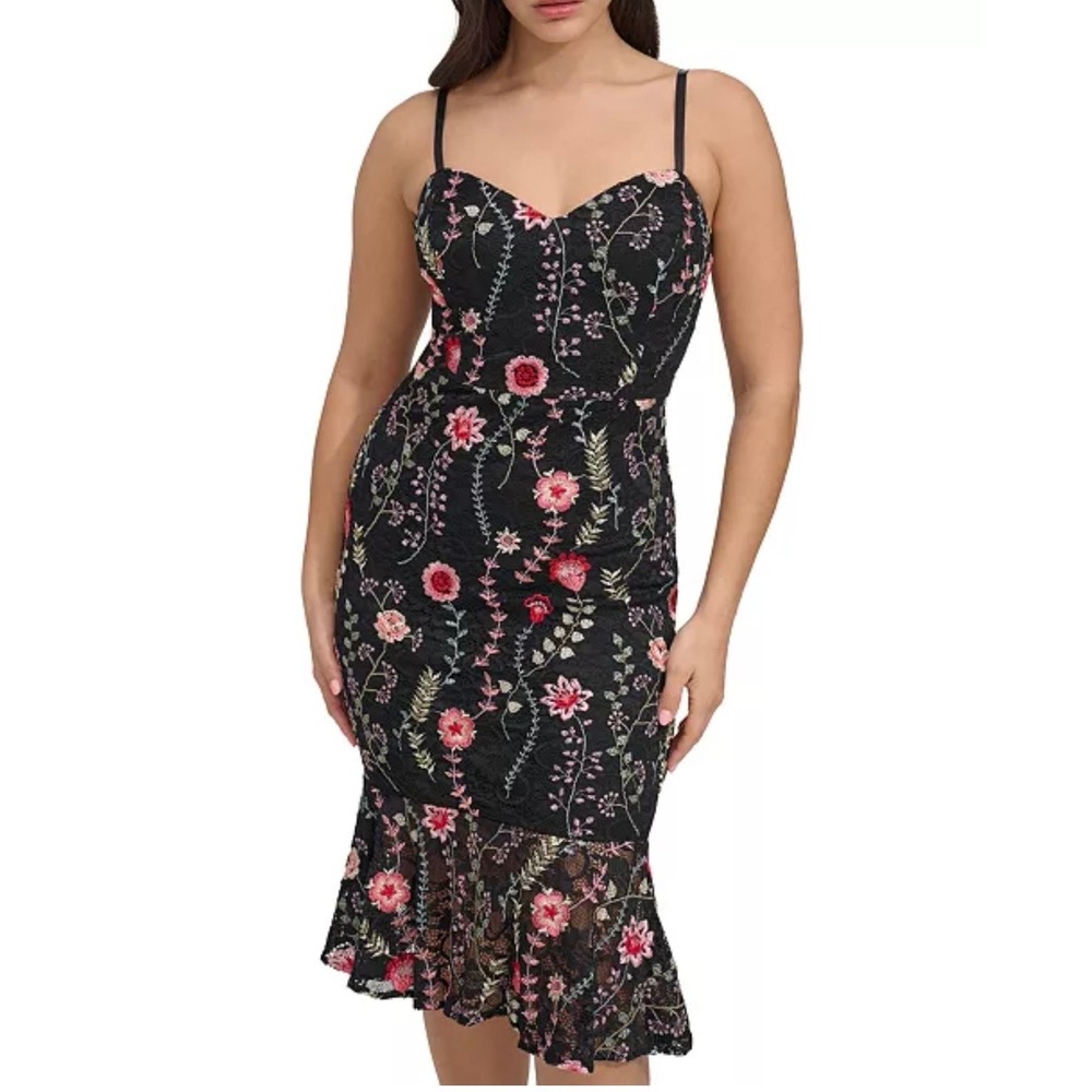 Siena Women Black Floral Embroidered Lace Midi Dress Mermaid Flounce Hem Size 14 - Picture 2 of 11